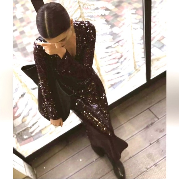 Zara Limited Edition Sequined Bell Sleeve Long Purple Dress Sz.XS - Picture 3 of 16